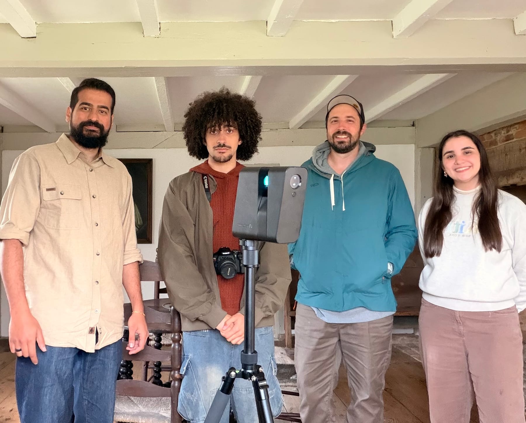 The research team with the LiDAR scanner inside the Oldest House